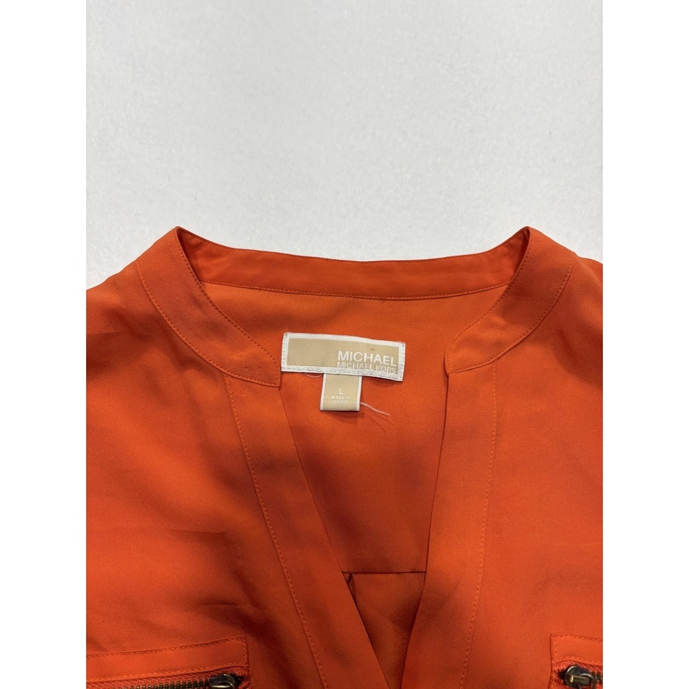 MICHAEL Michael Kors Blouse Womens Large Orange V Neck Zip Pocket Tunic Top - Picture 2 of 16
